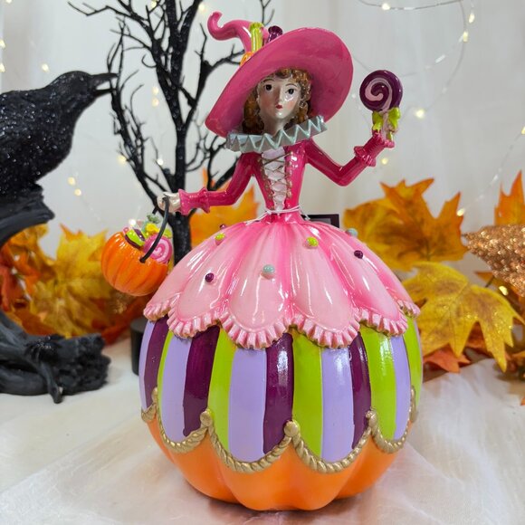 Other - Whimsical Ghoulish Halloween Witch Girl Pumpkin Candy Figurine 10" NEW PINK